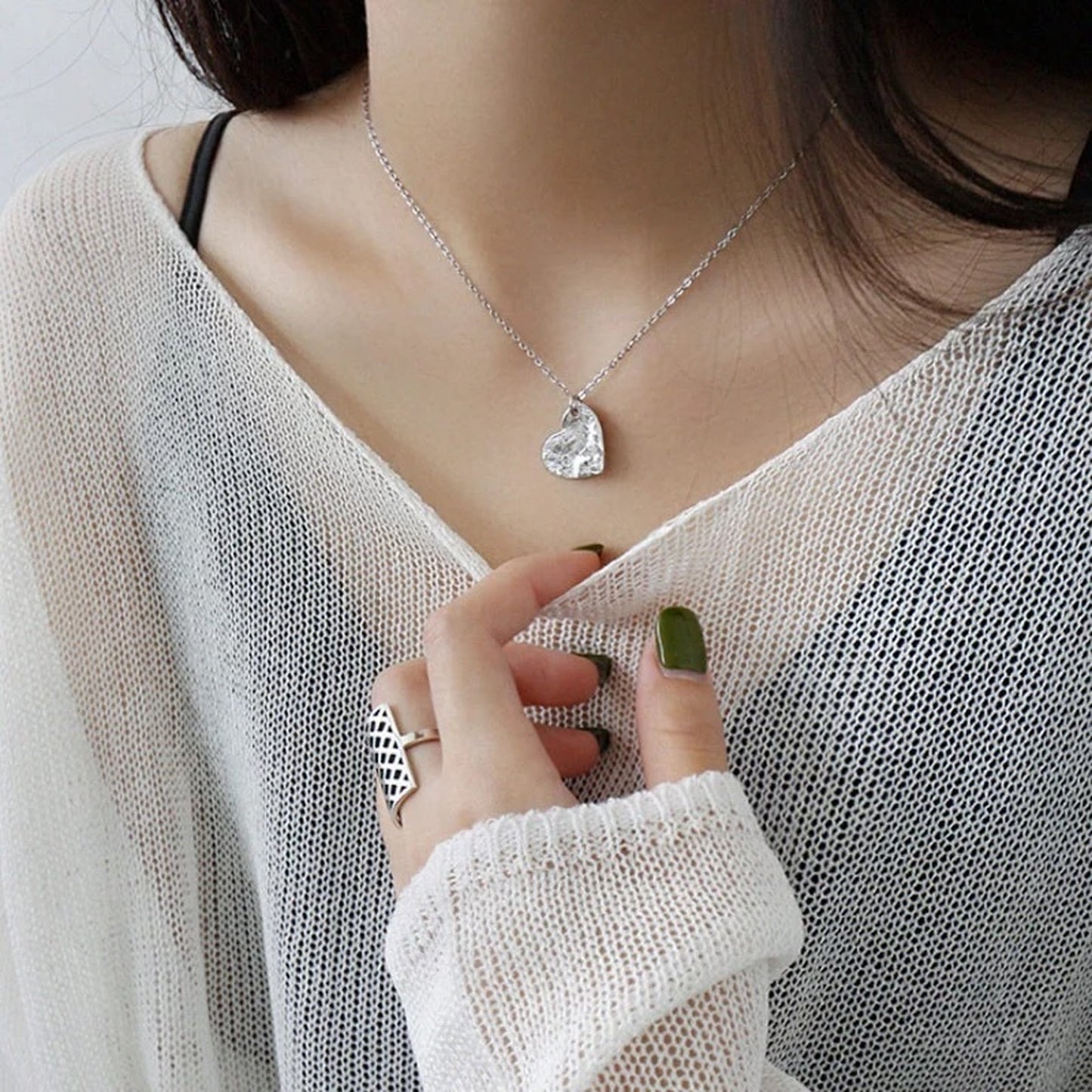 silver925Heart plate necklace